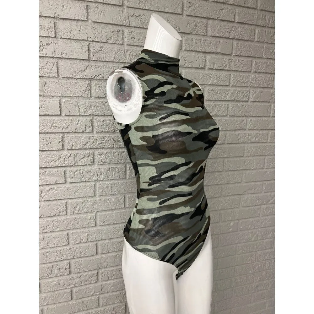 Derek Heart Women High Neck Mesh Camo Bodysuit Size S